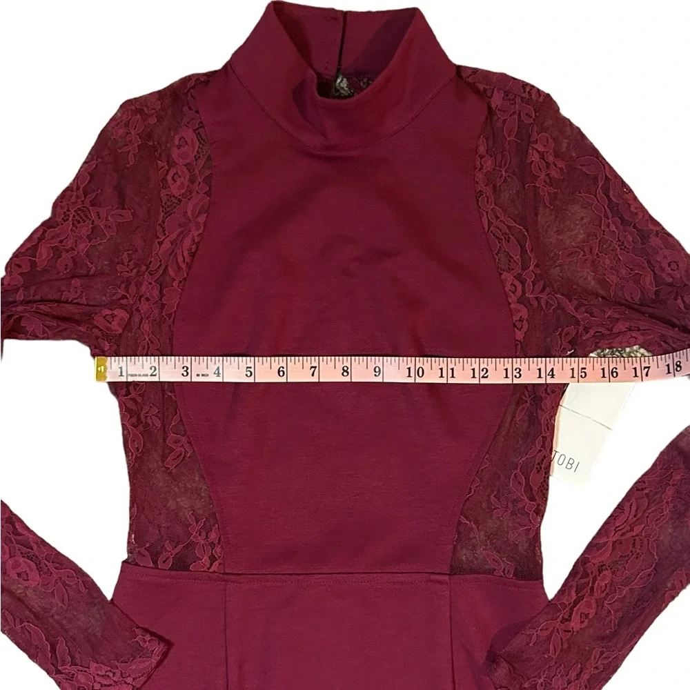 TOBI High Neck Backless Maroon Bodycon Dress w/ See-Thru Lace - Picture 8 of 13